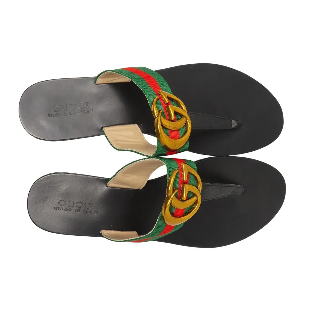 Gucci Double G Web Thong Sandals Black Mens 42 Flip Flops Gold Logo Italy - Picture 10 of 16